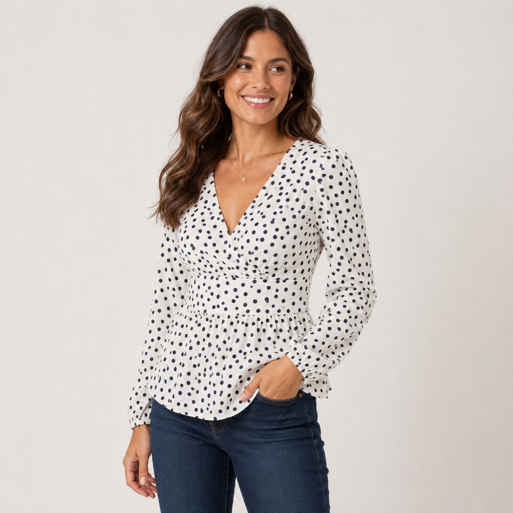 Boden $139 White and Black Polka Dot V-Neck Peplum Top